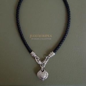 Judith Ripka Black Leather Necklace w/ Heart Charm